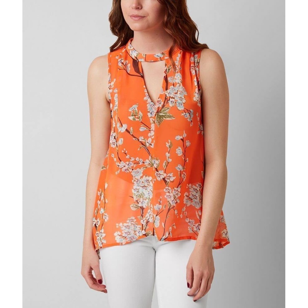 Miss Me Orange Floral Choker Neck Open Back Crisscross Blouse MDT1017T L - Picture 2 of 14